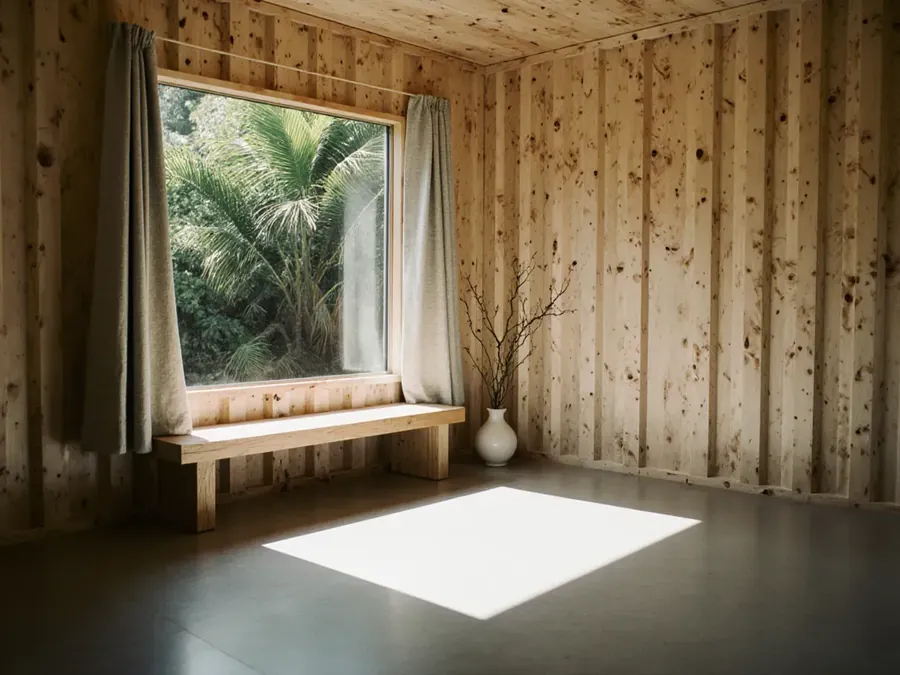 Interior de casa container revestido em compensado de pinus, com banco de madeira sob uma janela grande que dá para o jardim.